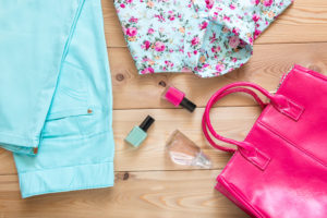 Spring Fashion: Aqua slacks, Flower Shirt, Pink Purse, and nail polish